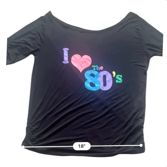 Vintage casual black top shirt L scooped neck line 3/4 ruched sleeve/hem graphic - Picture 8 of 12